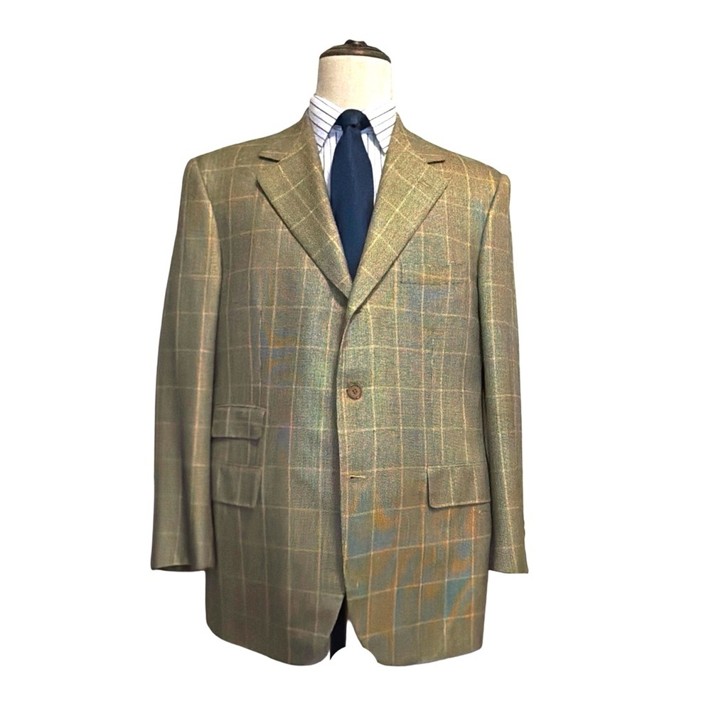 Alan NY Windowpane Sport Coat / Blazer | Tan Plaid | Wool | 44L| Classic Jacket